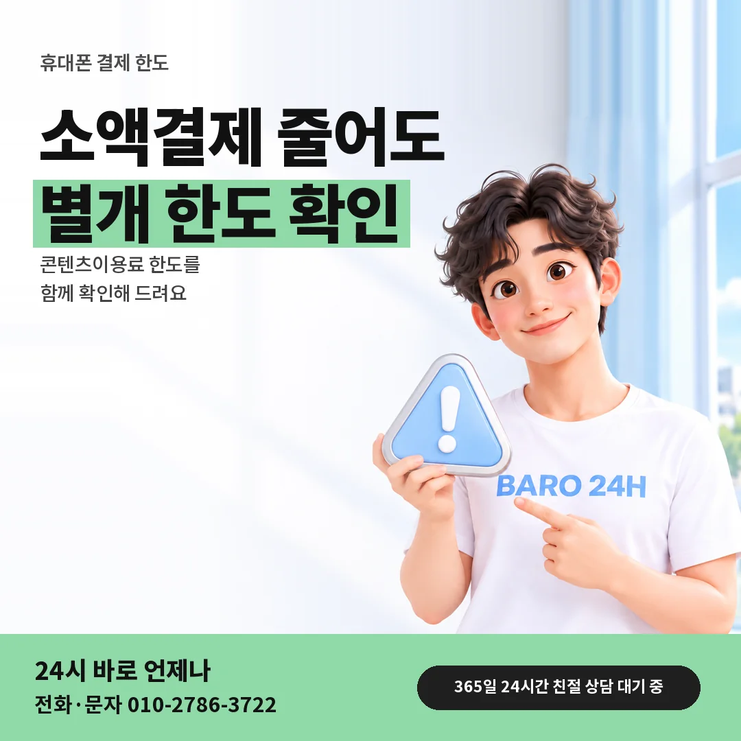 주의 표지판을 든 BARO 24H 티셔츠를 입은 3D 인물 옆에 「휴대폰 콘텐츠이용료 한도」 제목을 얹은 안내 카드