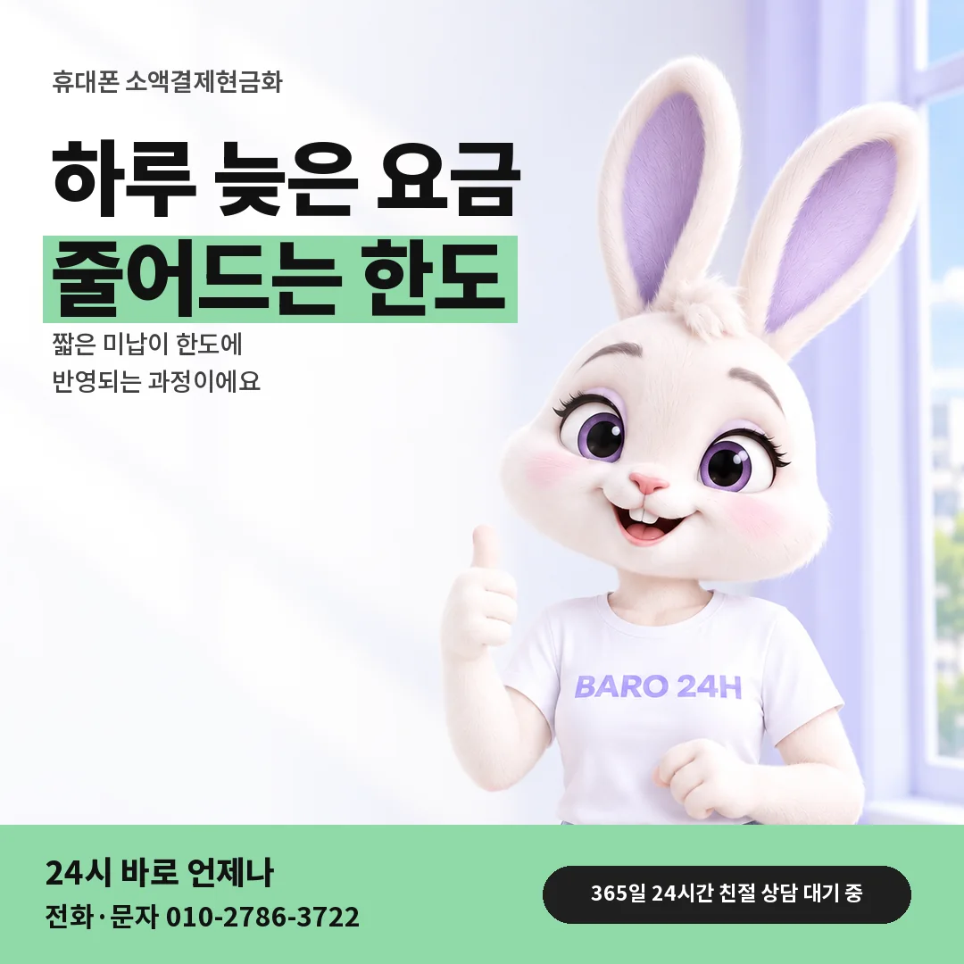 BARO 24H 티셔츠를 입은 3D 토끼 캐릭터 옆에 「휴대폰 소액결제현금화 하루 미납과 한도」 제목을 얹은 안내 카드