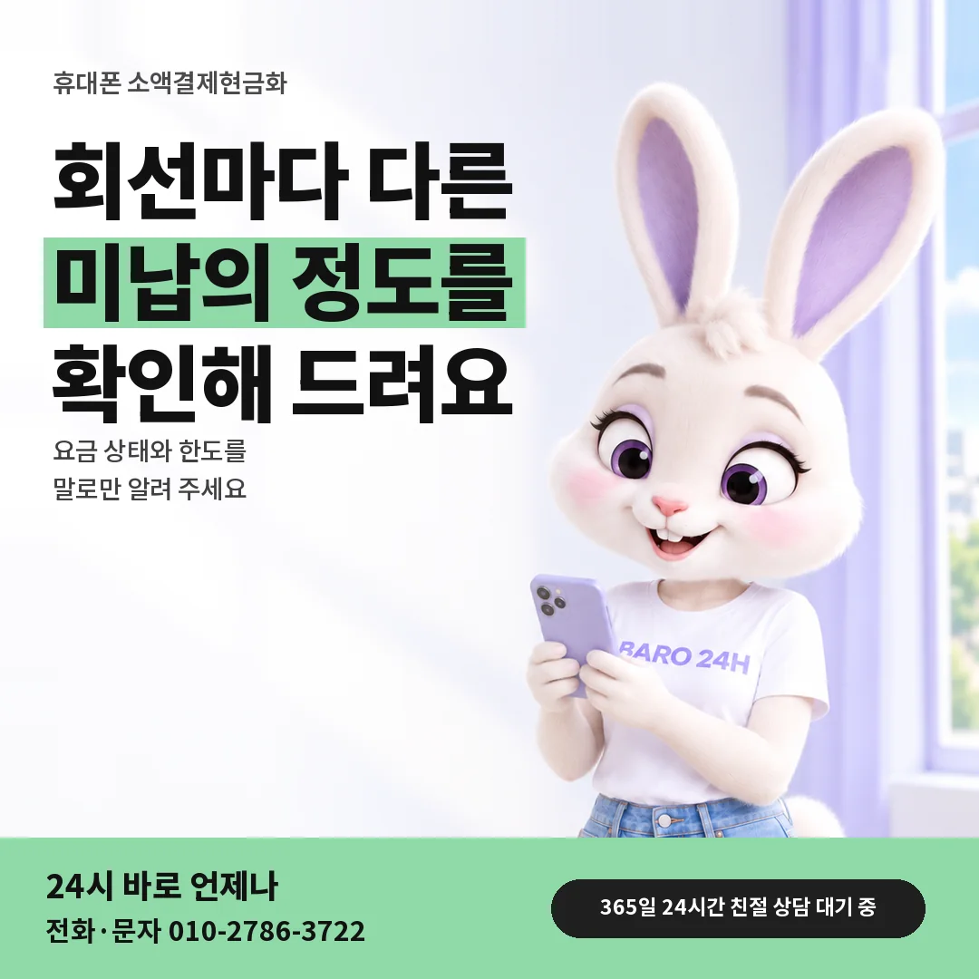 BARO 24H 티셔츠를 입은 3D 토끼 캐릭터 옆에 「휴대폰 소액결제현금화 미납 정도 확인」 제목을 얹은 안내 카드