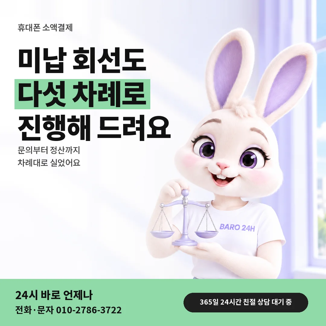 저울을 든 BARO 24H 티셔츠를 입은 3D 토끼 캐릭터 옆에 「휴대폰 소액결제 진행 순서」 제목을 얹은 안내 카드