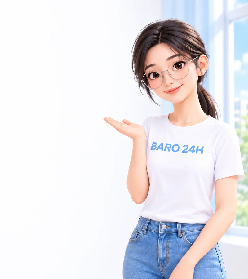 휴대폰을 들고 상담을 안내하는 BARO 24H 티셔츠 차림의 20대 3D 인물